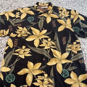 Tommy Bahama Gold Black Size LHawaiian Shirt Hibiscus Floral 100% Silk
